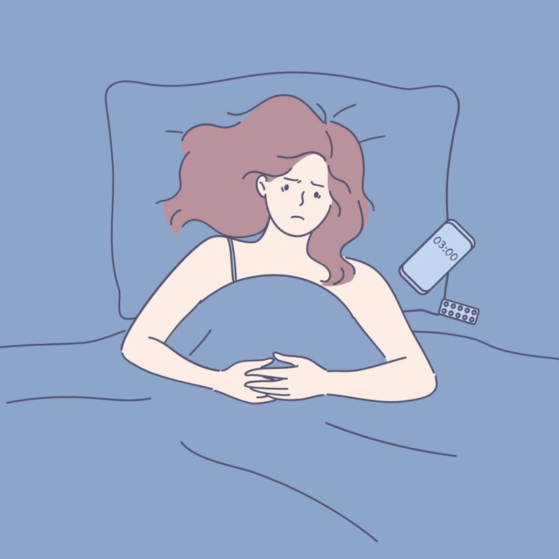 Suffering from sleep disorder and insomnia concept. Young tired sad sleepless girl lying in bed with smartphone and suffering from insomnia trying to fall asleep vector illustration